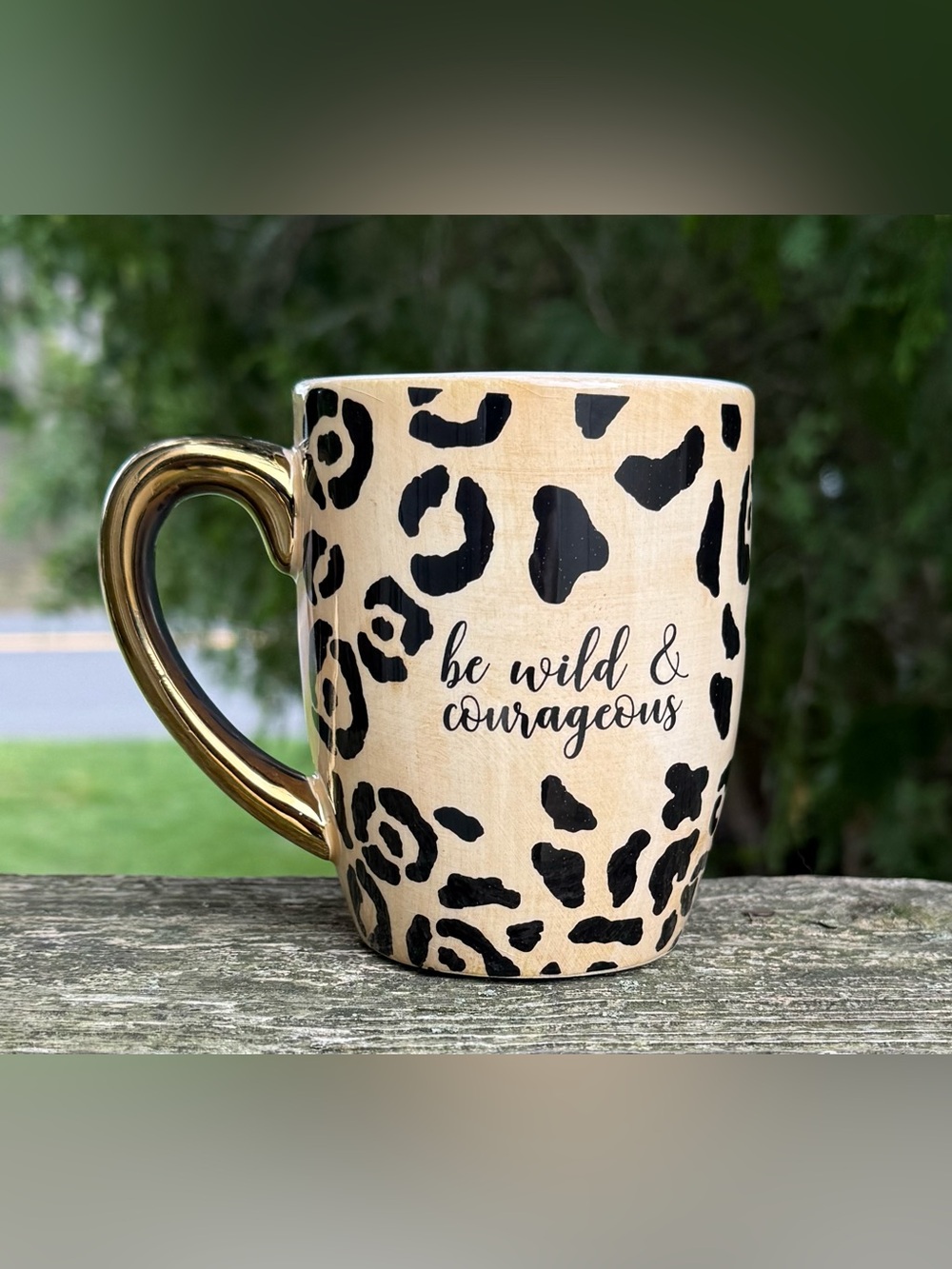 Pier 1 Leopard Print Ceramic Mug with Gold Handle — Be Wild & Courageous